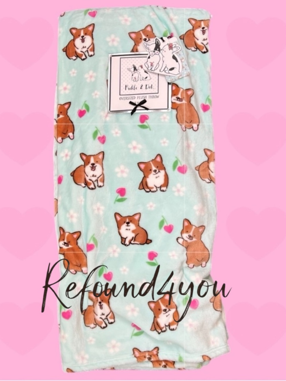 Pickles & Dot - ‘Corgi’s & Hearts’ plush throw. 60” x 70”. NWT. Firm!